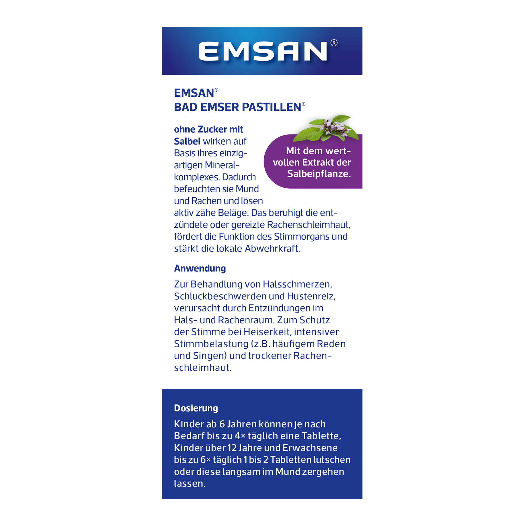 Rückseite von EMSAN Bad Emser Pastillen ohne Zucker mit Salbei