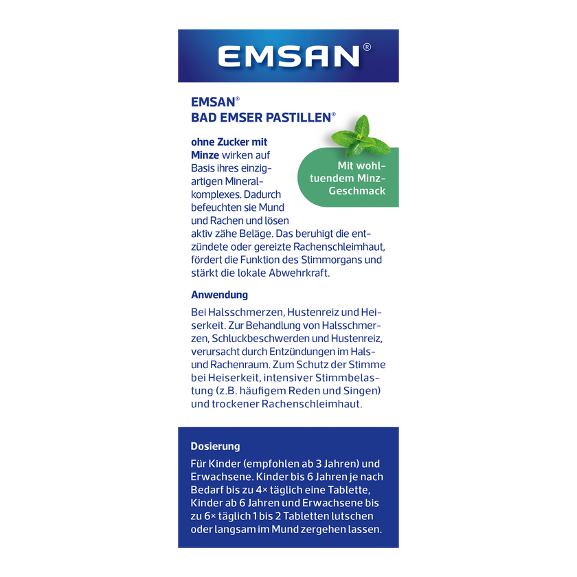 Rückseite von EMSAN Bad Emser Pastillen ohne Zucker Minze