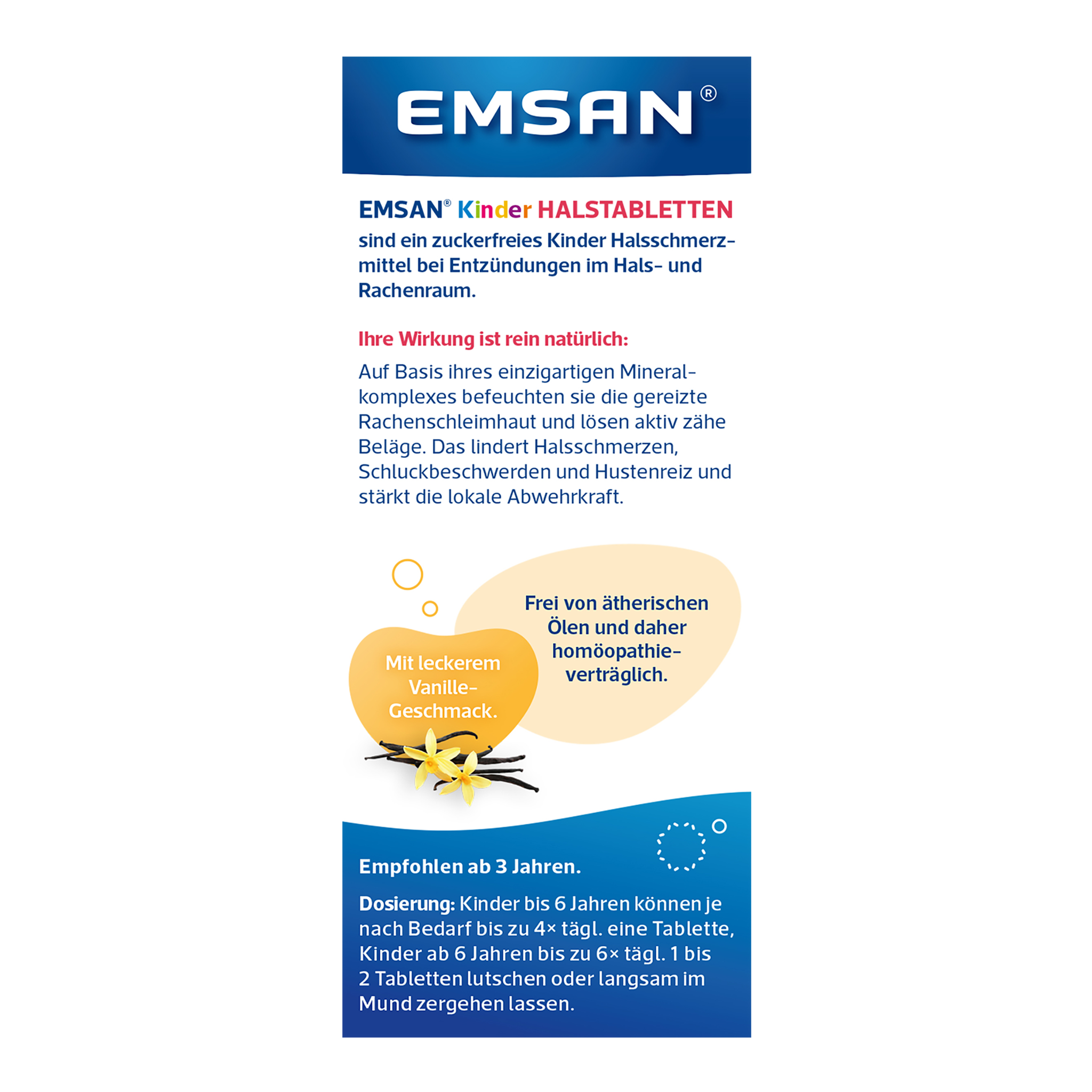 Rückseite von EMSAN Kinderhalstabletten ohne Zucker Vanille