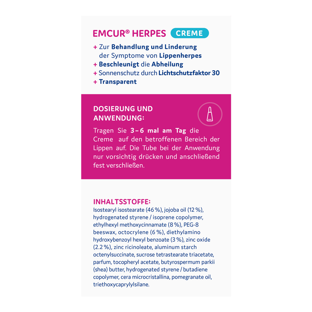 Rückseite von EMCUR® Herpes Creme
