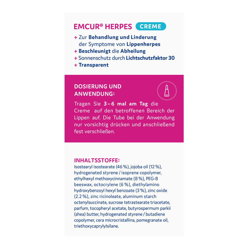 Rückseite von EMCUR® Herpes Creme