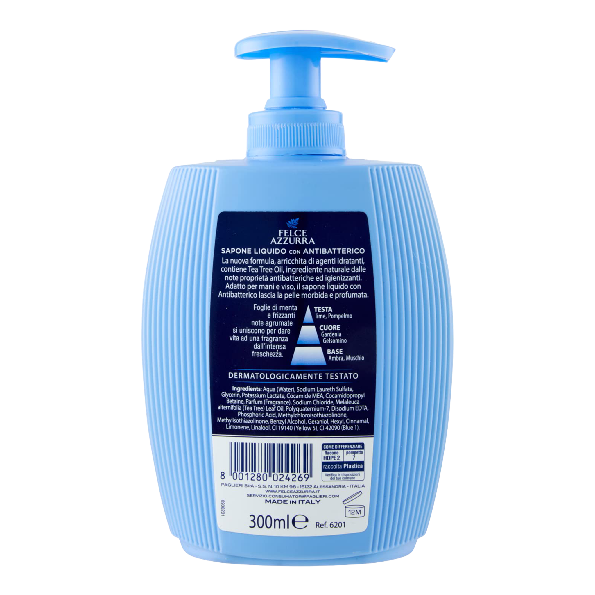 Rückseite von Felce Azzurra Flüssigseife Antibacterial Mint&Lime