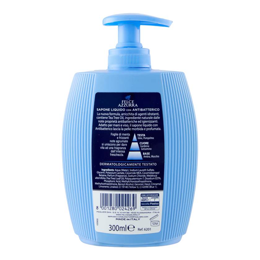 Rückseite von Felce Azzurra Flüssigseife Antibacterial Mint&Lime