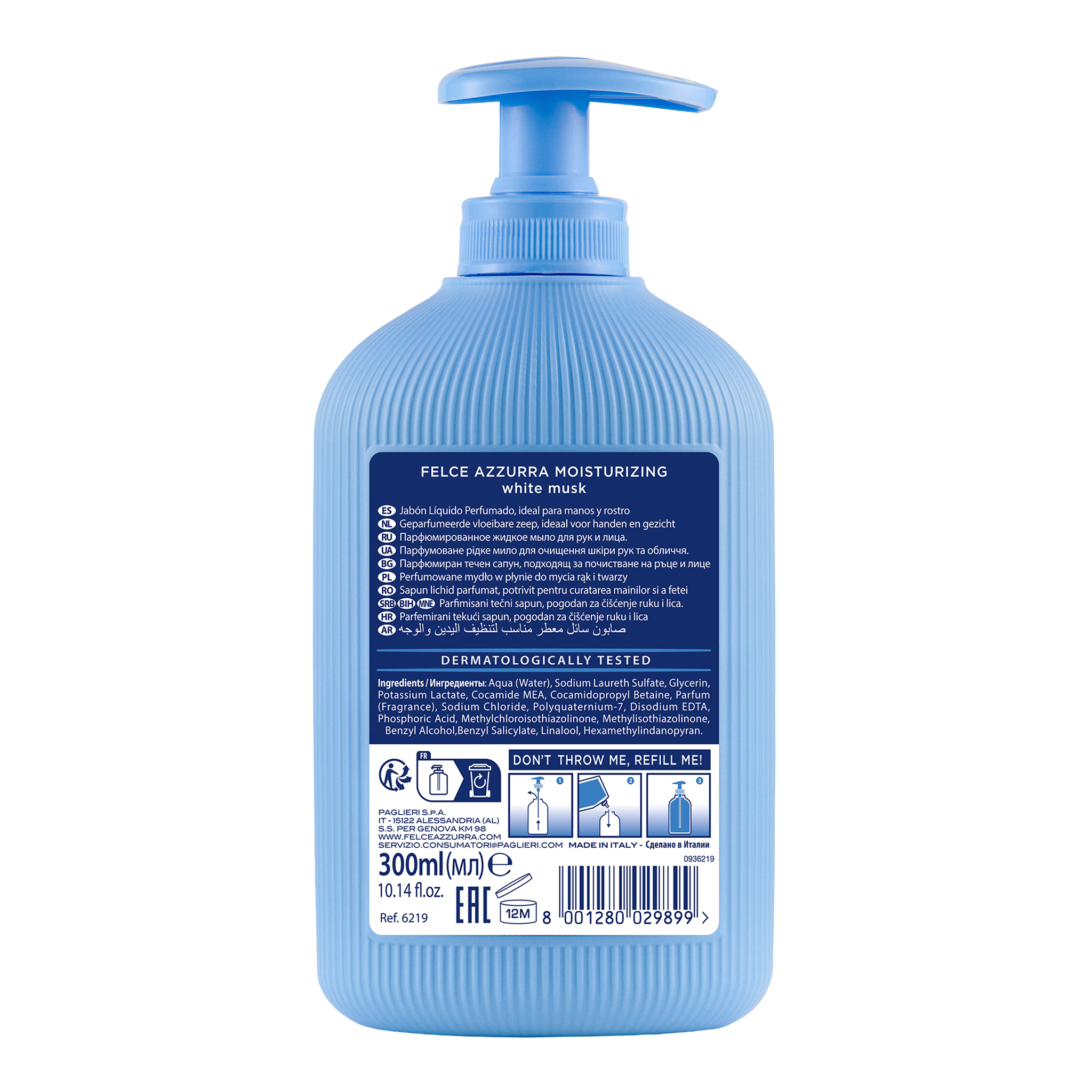 Rückseite von Felce Azzurra Flüssigseife White Musk Moisturizing