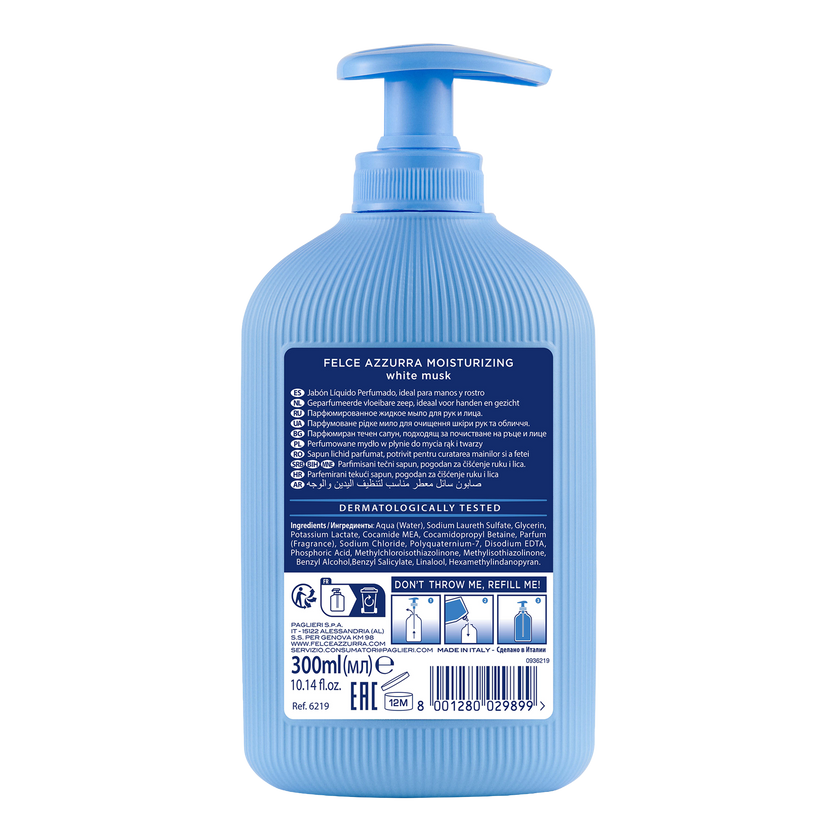 Rückseite von Felce Azzurra Flüssigseife White Musk Moisturizing