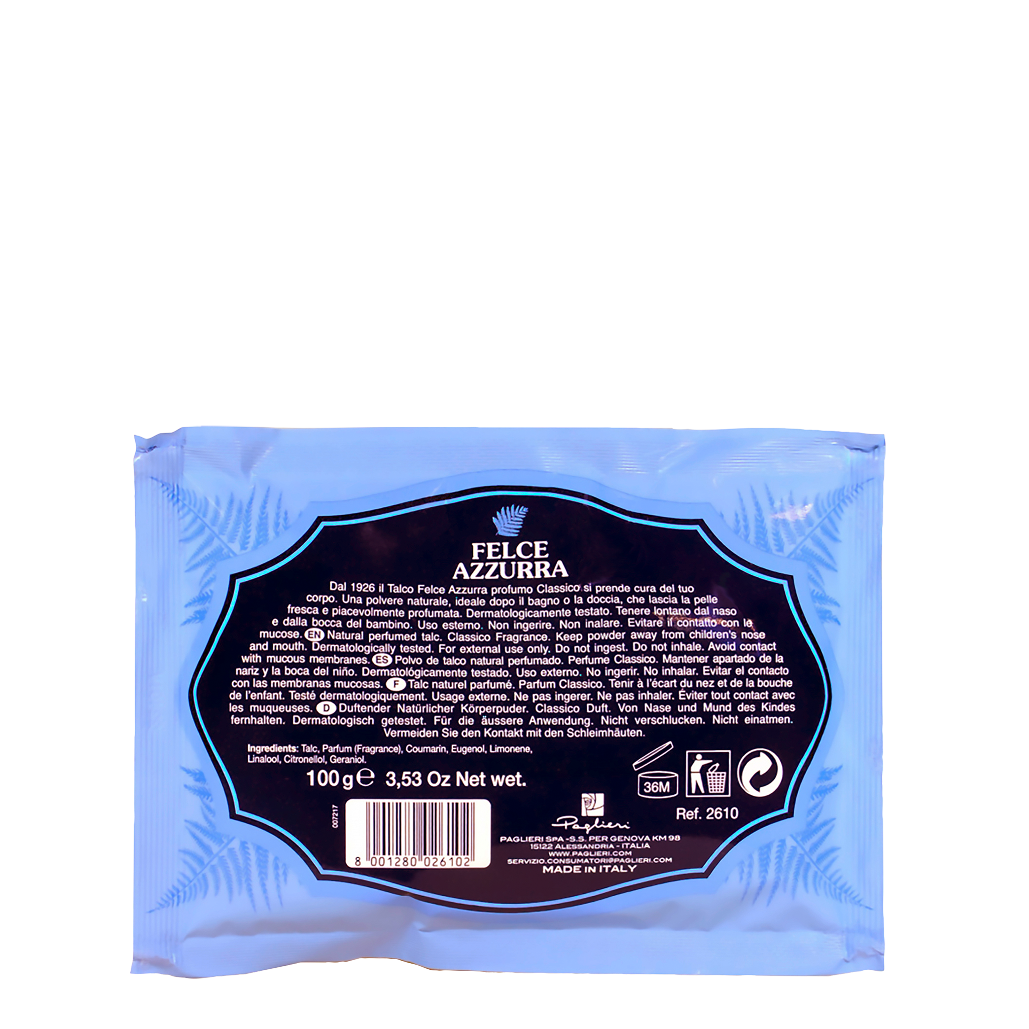 Rückseite von  Felce Azzurra Körperpuder Beutel