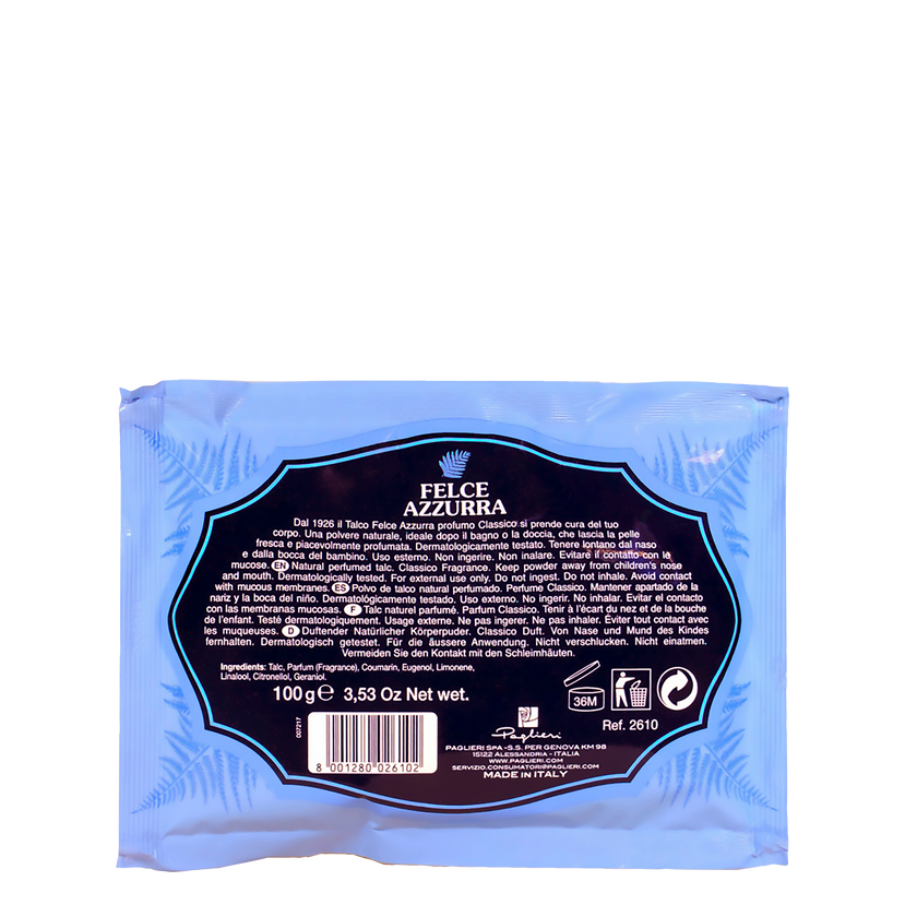 Rückseite von  Felce Azzurra Körperpuder Beutel