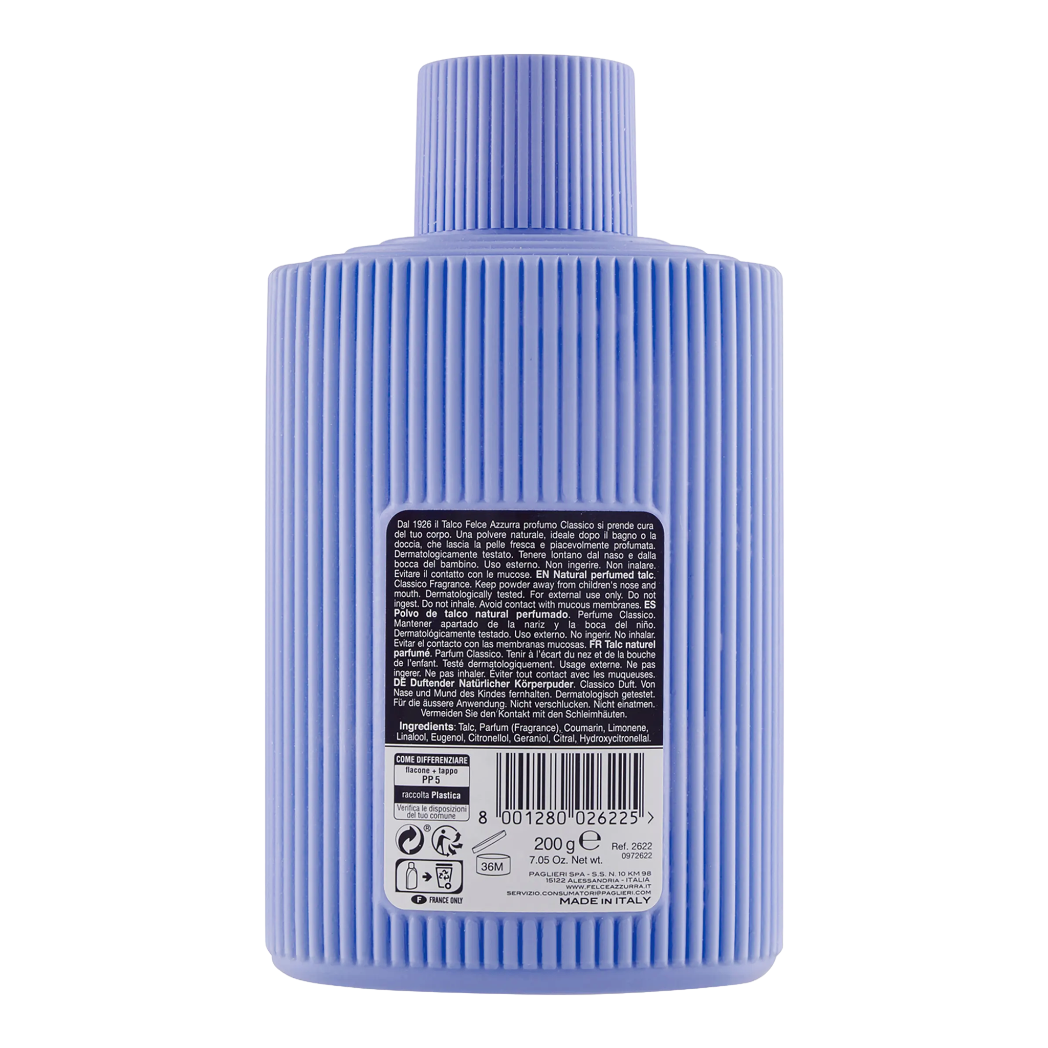 Rückseite von Azzurra Körperpuder Flasche