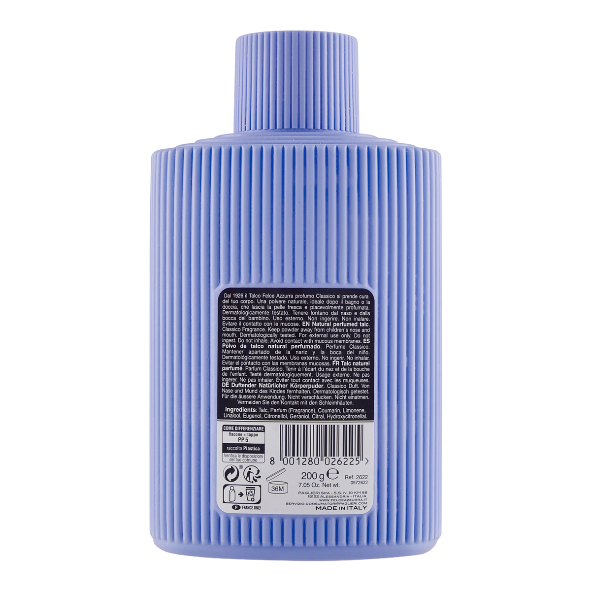Rückseite von Azzurra Körperpuder Flasche