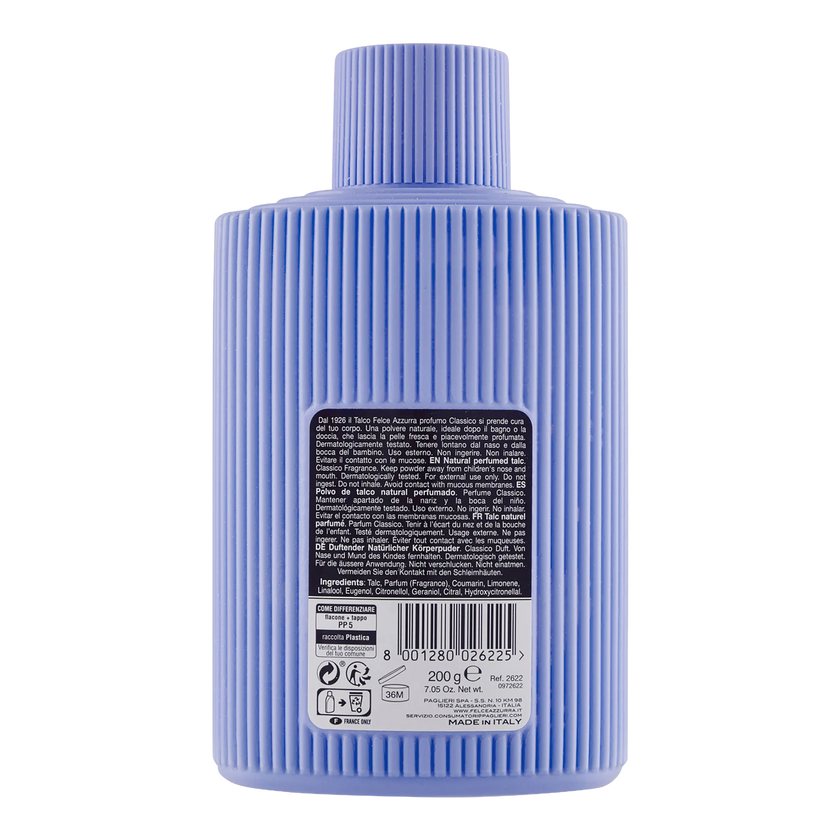 Rückseite von Azzurra Körperpuder Flasche