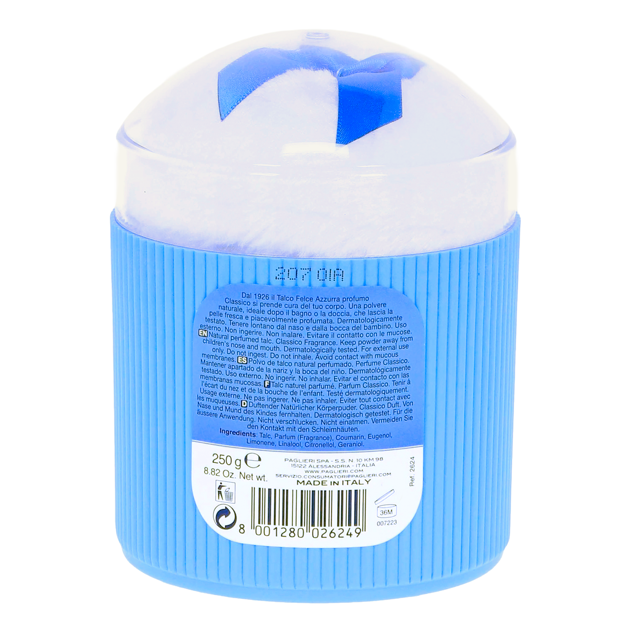 Rückseite von Felce Azzurra Körperpuder mit Puderquaste - 250g