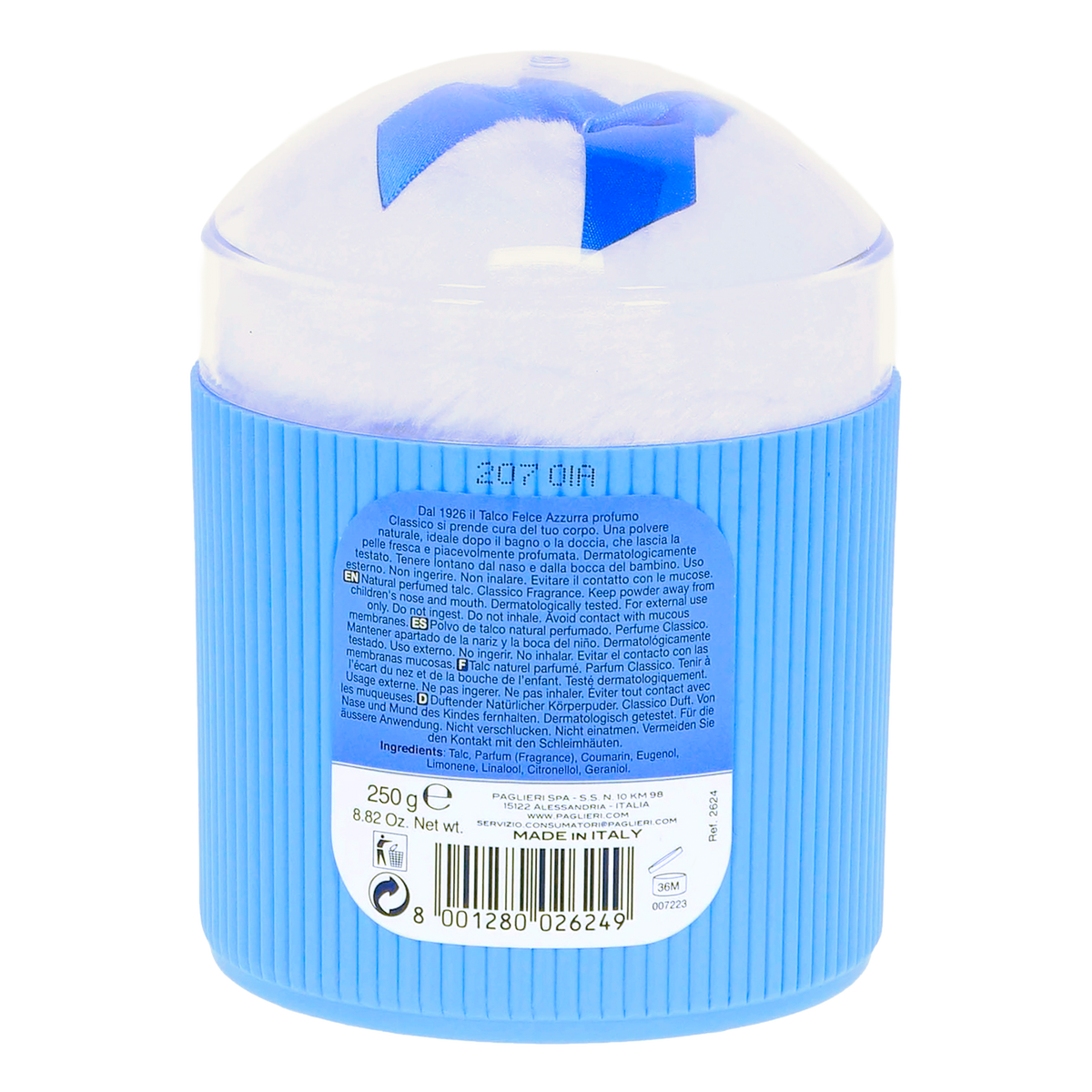 Rückseite von Felce Azzurra Körperpuder mit Puderquaste - 250g