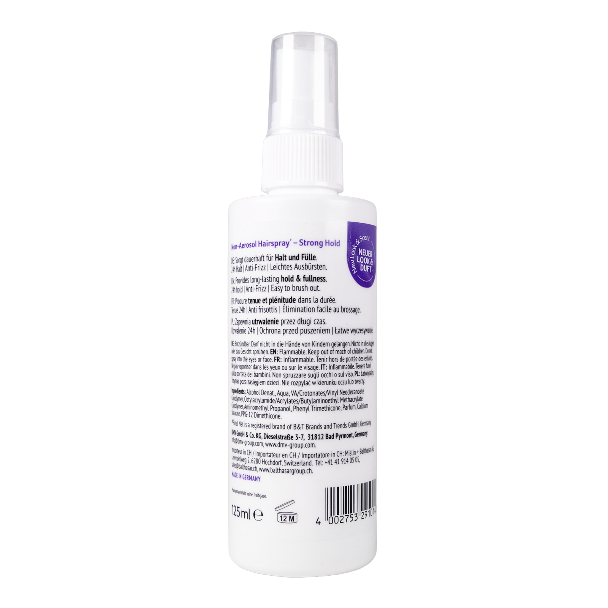 Rückseite von Final Net Hairspray strong hold pump