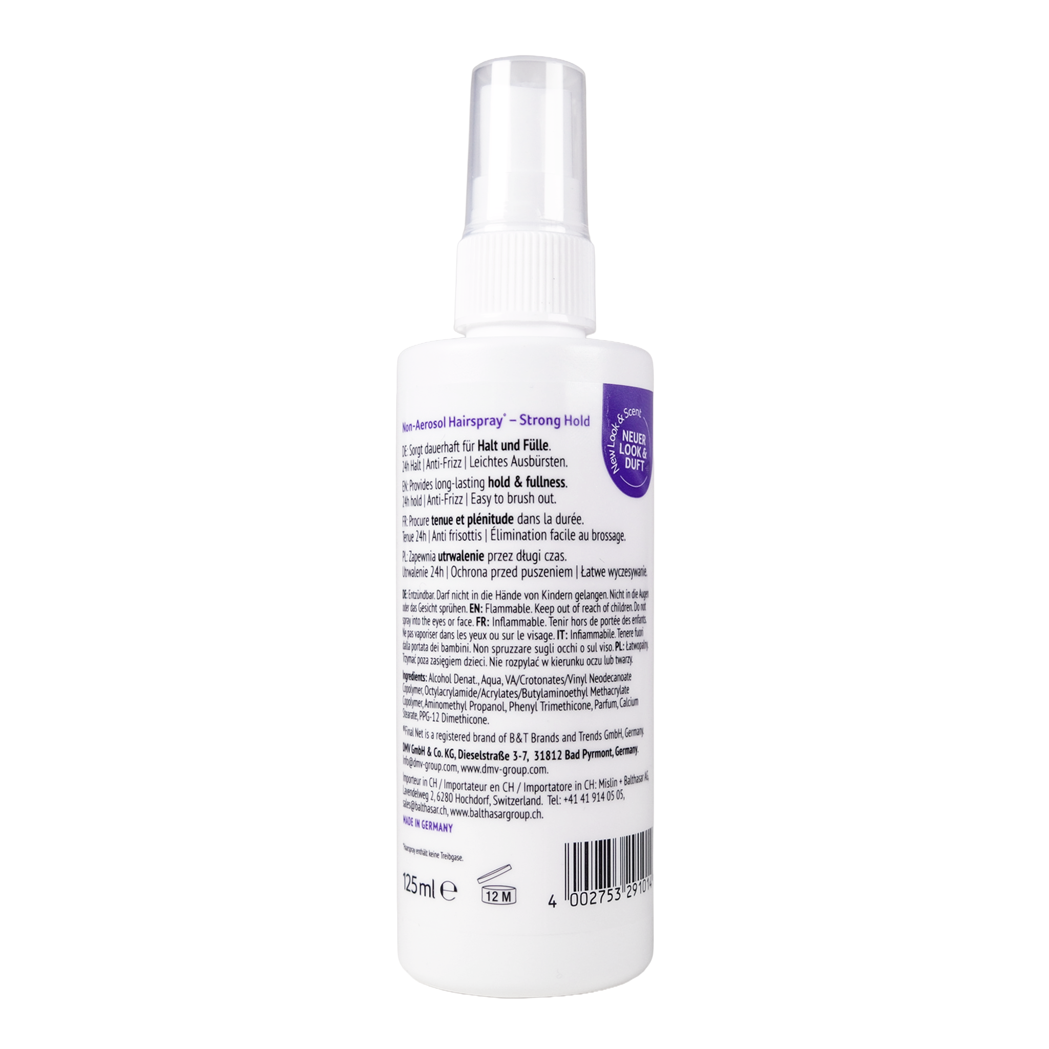 Rückseite von Final Net Hairspray strong hold pump