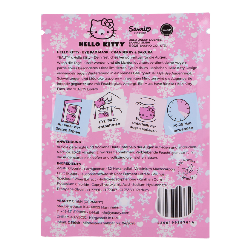 Rückseite von YEAUTY Eye Pad Mask Hello Kitty Cozy Winter Cranberry & Sakura - 25 x 1 Paar