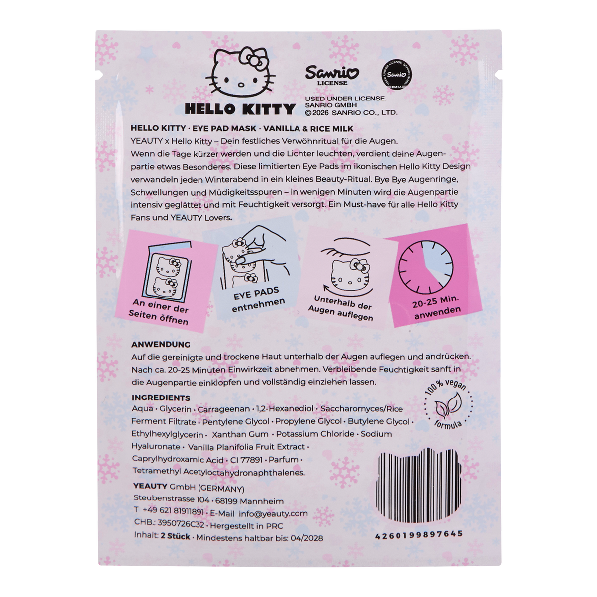 Rückseite von YEAUTY Eye Pad Mask Hello Kitty Cozy Winter Vanilla & Rice Milk - 1 Paar