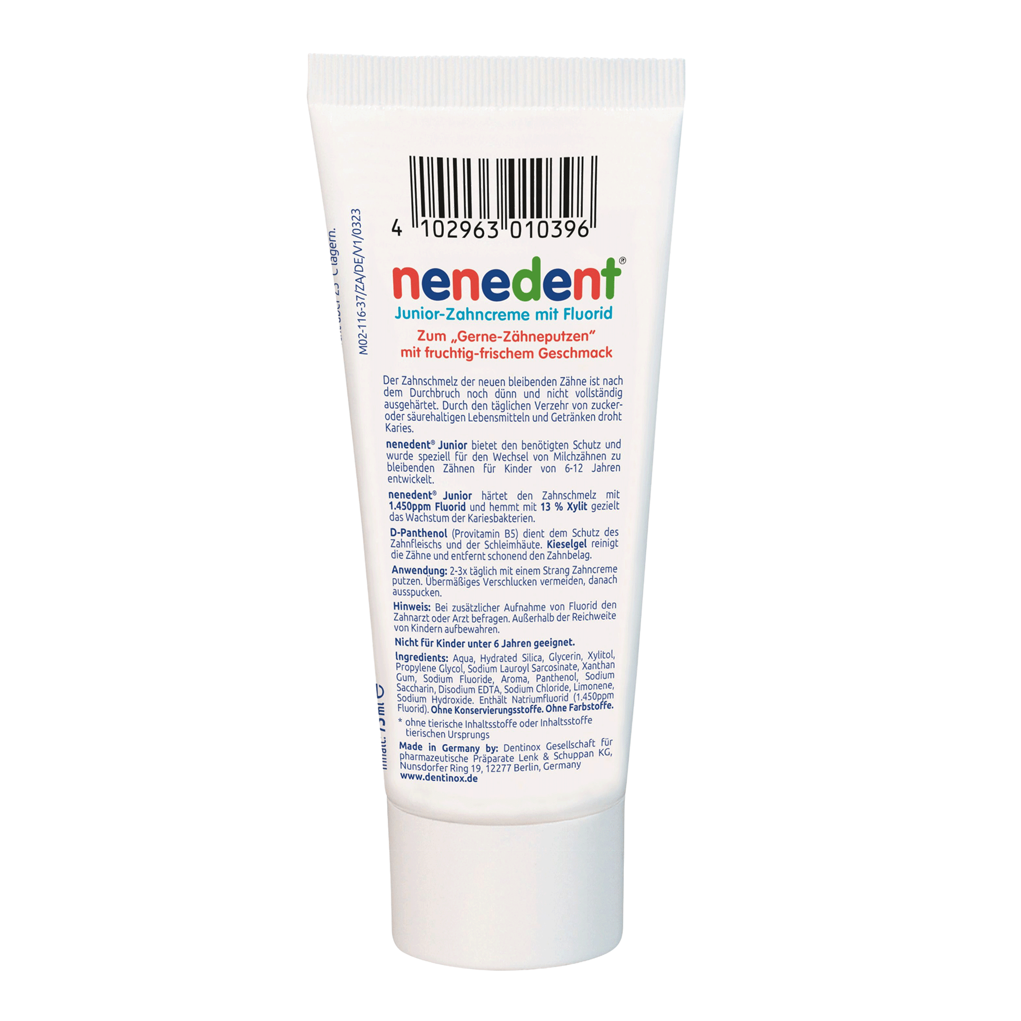Rückseite von nenedent® Junior-Zahncreme - 12x75ml