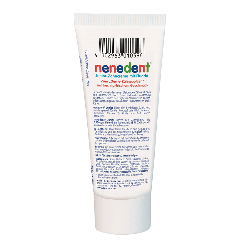 Rückseite von nenedent® Junior-Zahncreme - 12x75ml