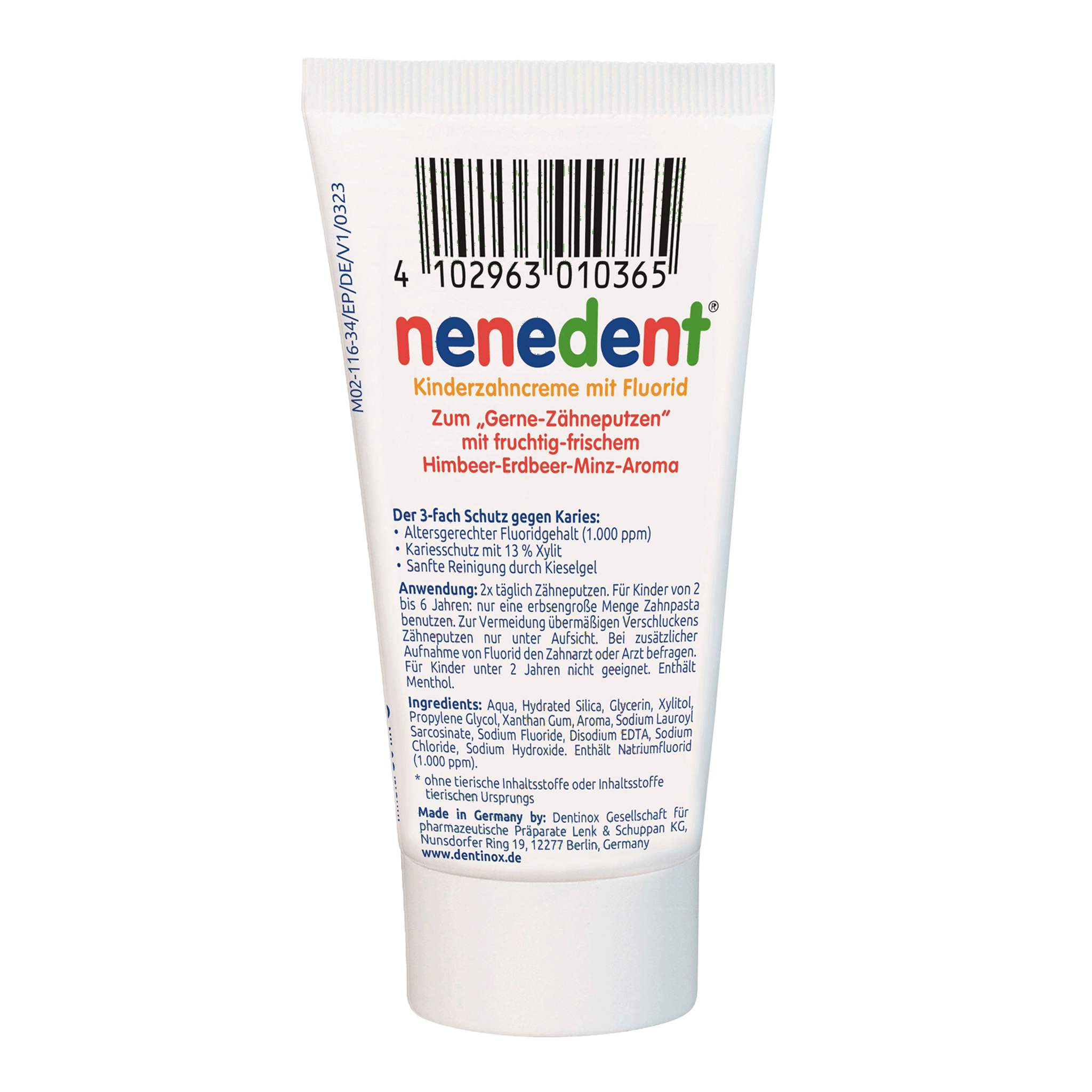 Rückseite von nenedent Kinderzahncreme