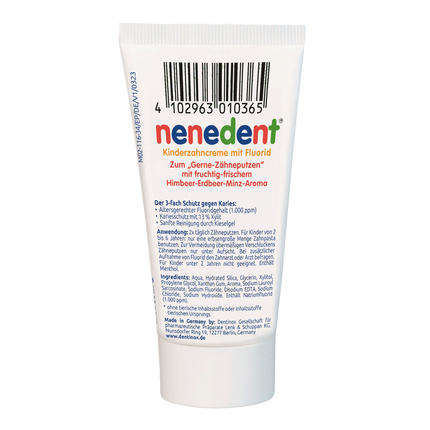 Rückseite von nenedent Kinderzahncreme