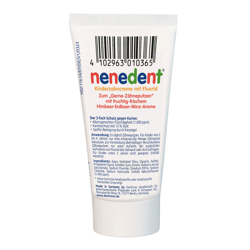 Rückseite von nenedent Kinderzahncreme