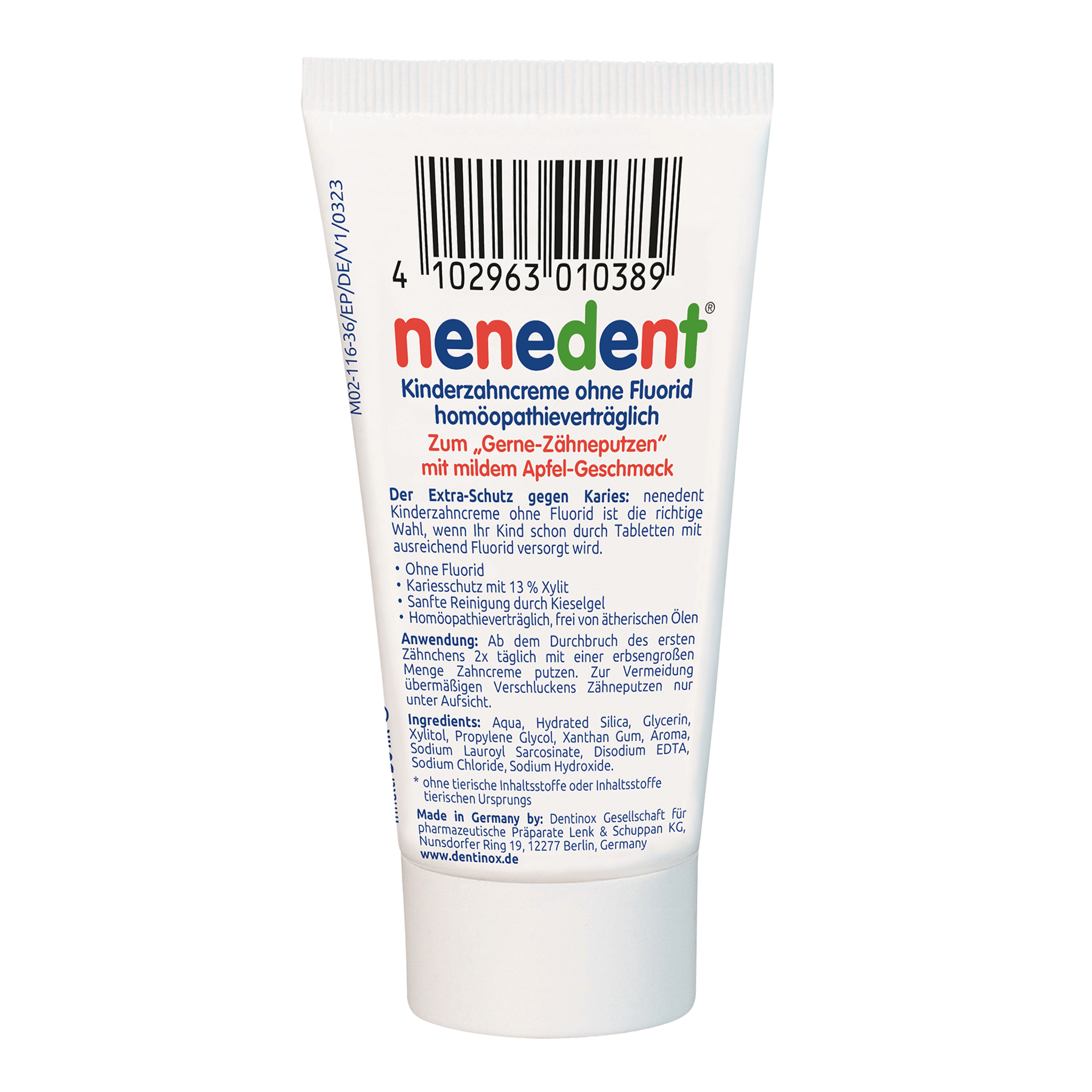 Rückseite von nenedent® Kinderzahncreme ohne Fluorid - 12x50 ml
