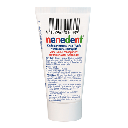 Rückseite von nenedent® Kinderzahncreme ohne Fluorid - 12x50 ml