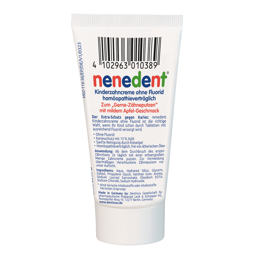 Rückseite von nenedent® Kinderzahncreme ohne Fluorid - 12x50 ml