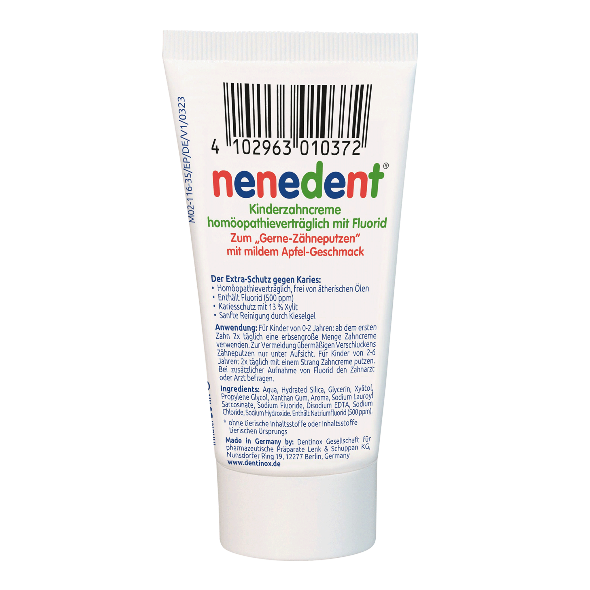 Rückseite von nenedent® Kinderzahncreme homöopathieverträglich mit Fluorid - 12x50ml