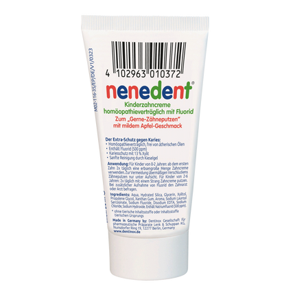 Rückseite von nenedent® Kinderzahncreme homöopathieverträglich mit Fluorid - 12x50ml