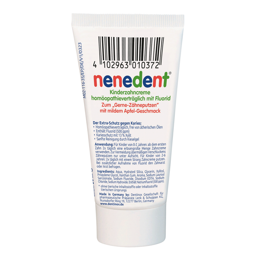 Rückseite von nenedent® Kinderzahncreme homöopathieverträglich mit Fluorid - 12x50ml