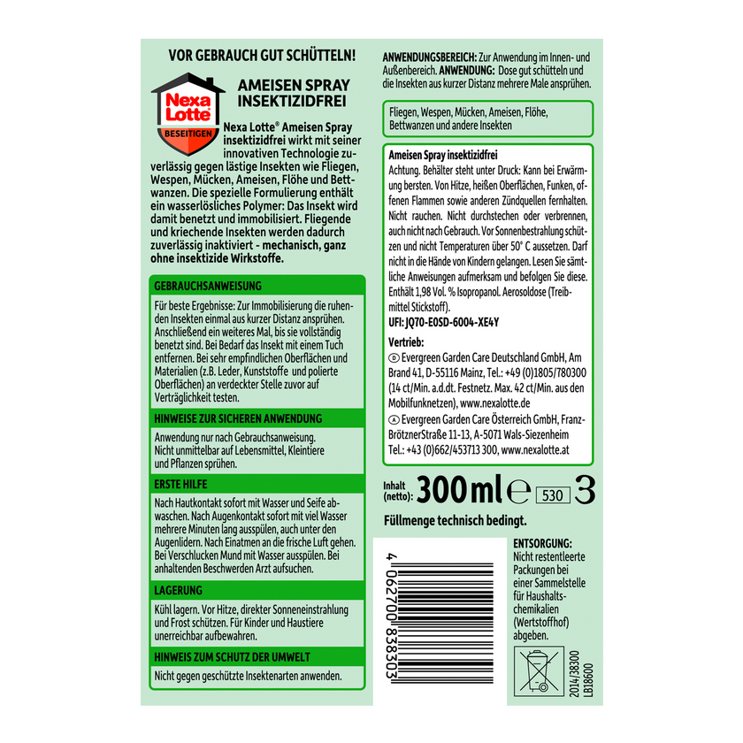 Rückseite von Nexa Lotte Ameisen Spray insektizidfrei