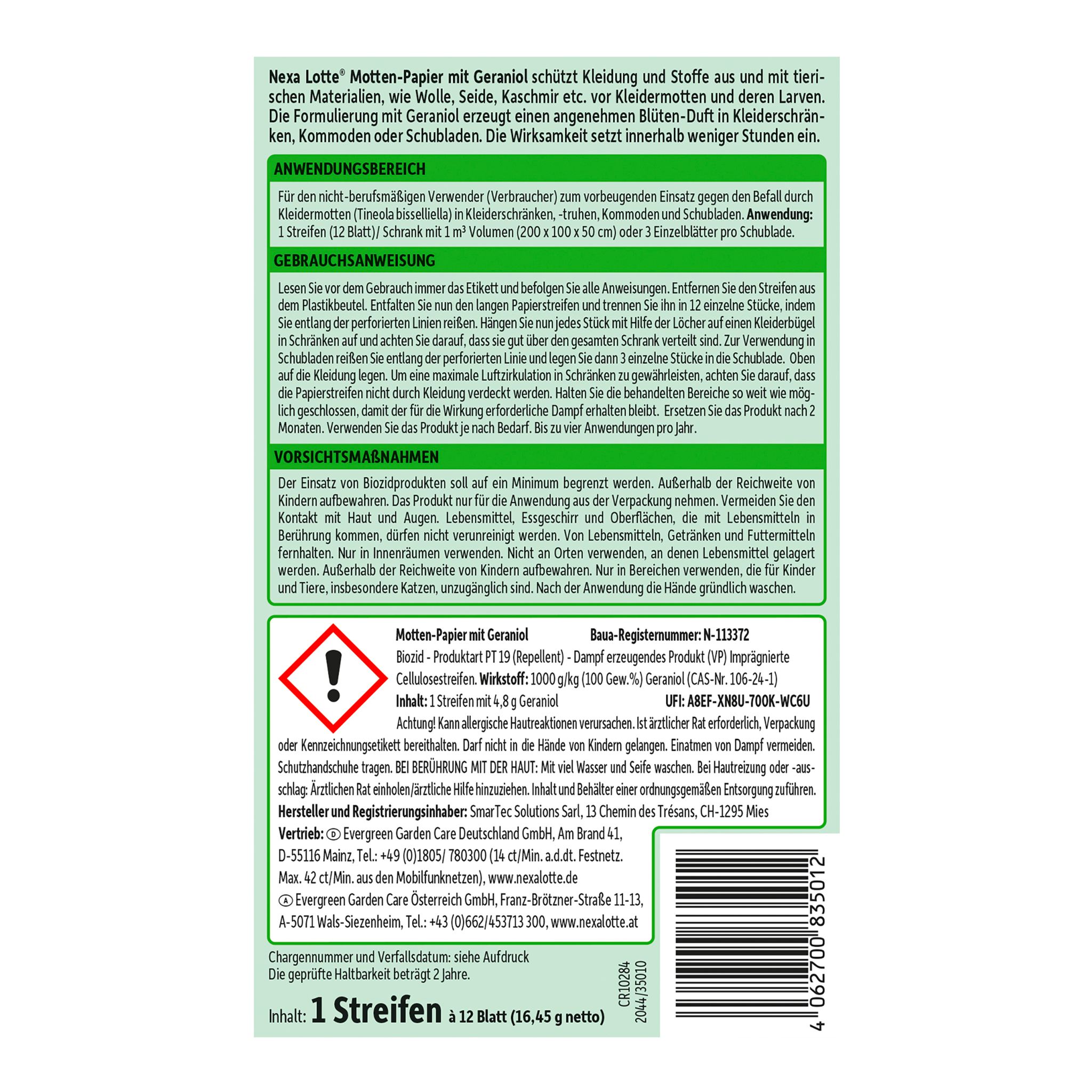 Rückseite von Nexa Lotte Motten-Papier mit Geraniol