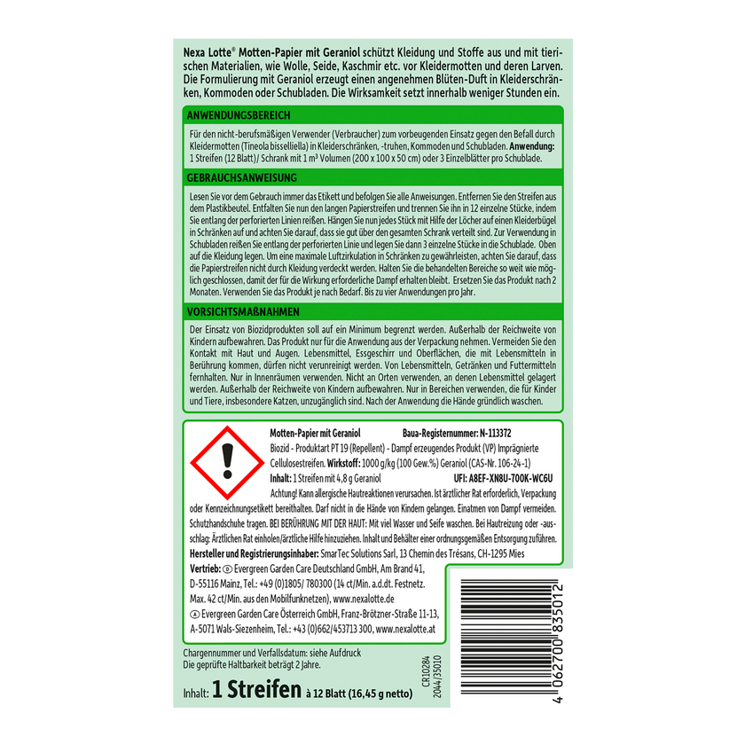 Rückseite von Nexa Lotte Motten-Papier mit Geraniol
