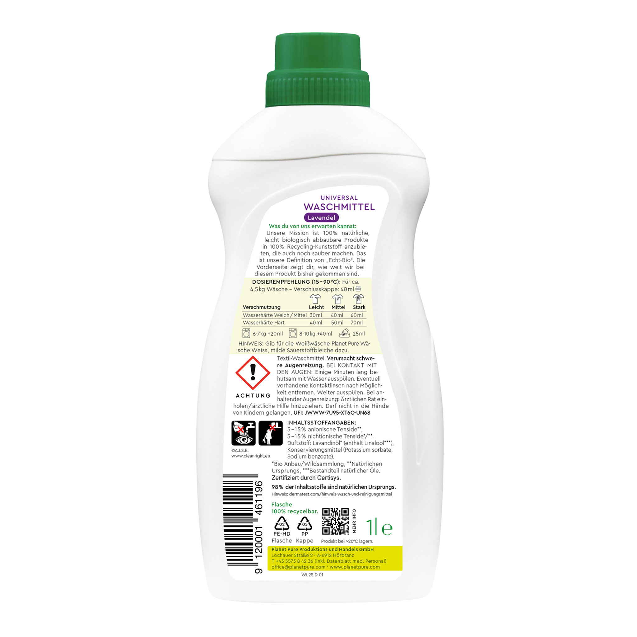 Rückseite von Planet Pure Universal Waschmittel Lavendel