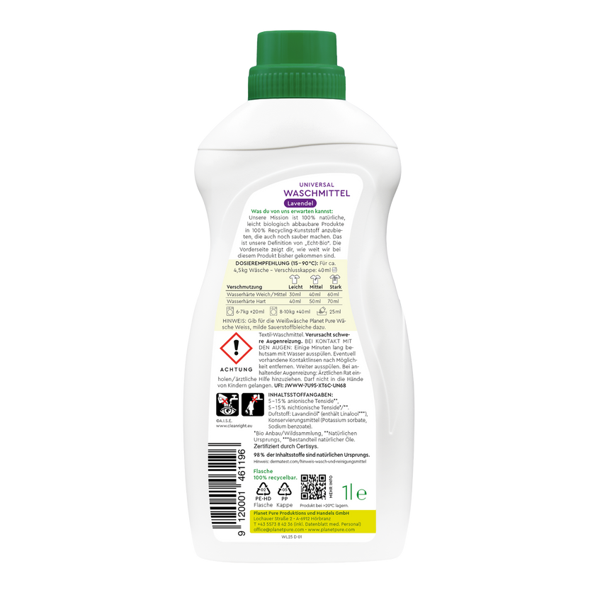 Rückseite von Planet Pure Universal Waschmittel Lavendel