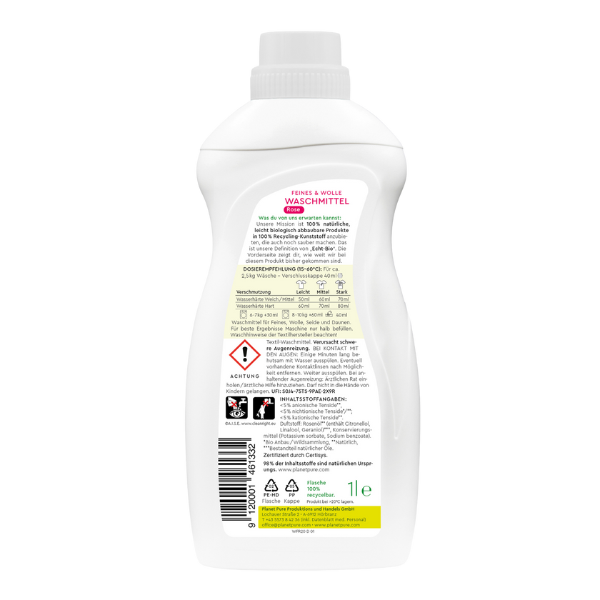 Rückseite von Planet Pure Feines & Wolle Waschmittel Rose