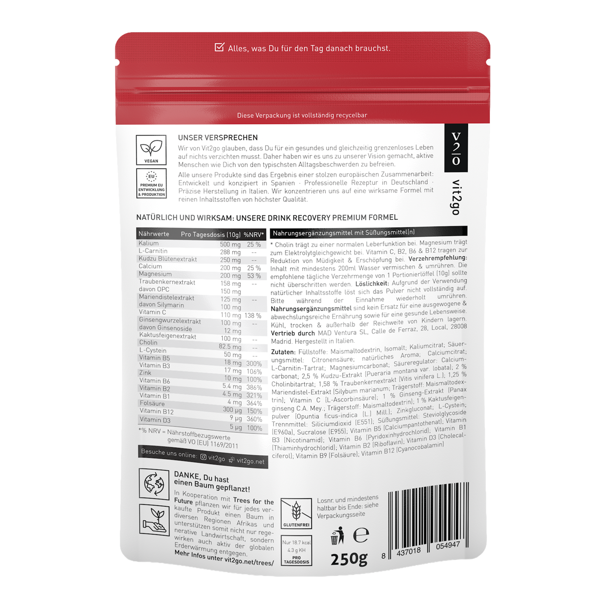 Rückseite von Vit2go Drink Recovery