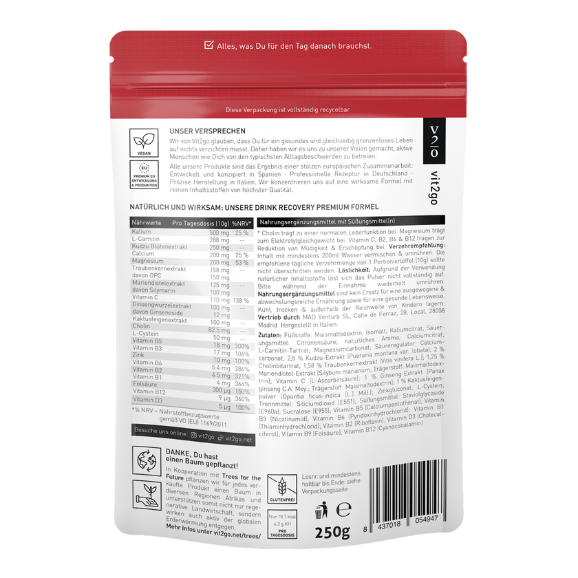 Rückseite von Vit2go Drink Recovery