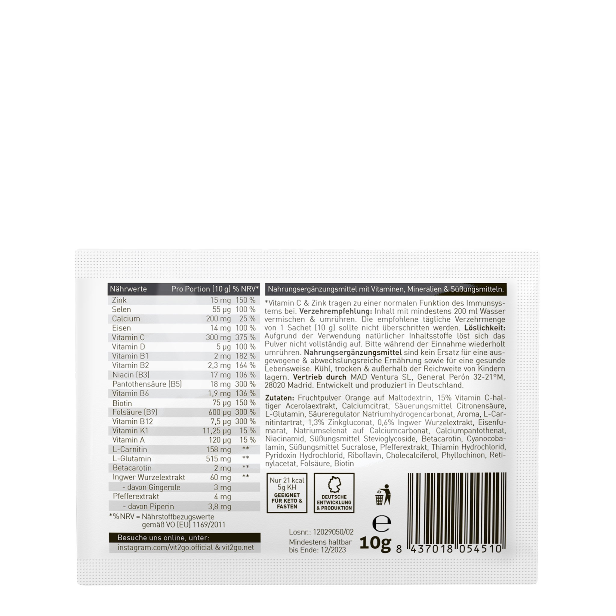 Rückseite von Vit2go Immunity Sachet