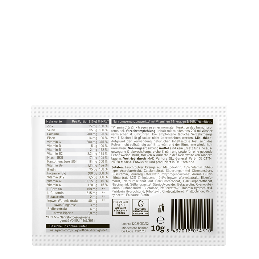 Rückseite von Vit2go Immunity Sachet