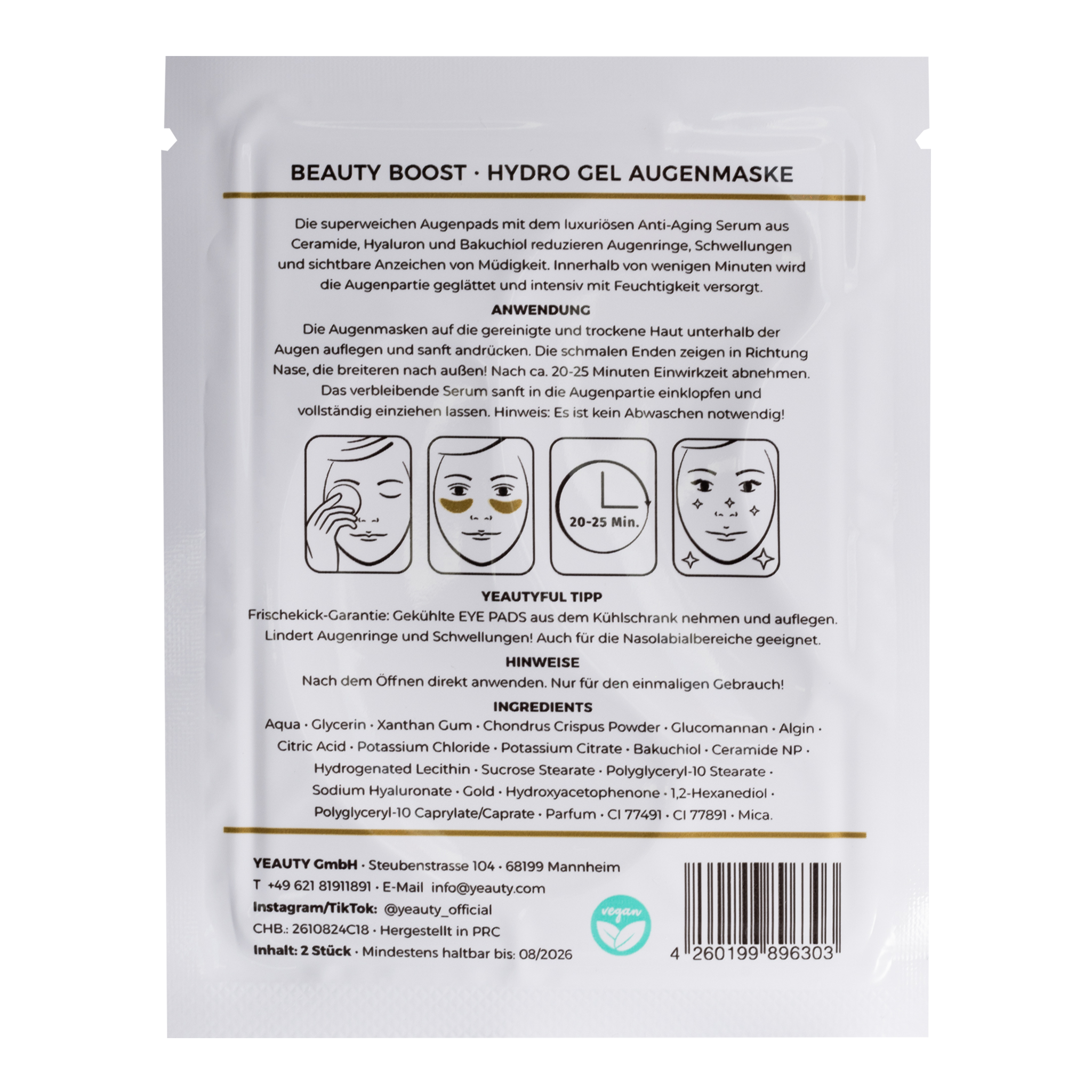 Rückseite von YEAUTY Eye Pad Mask Beauty Boost