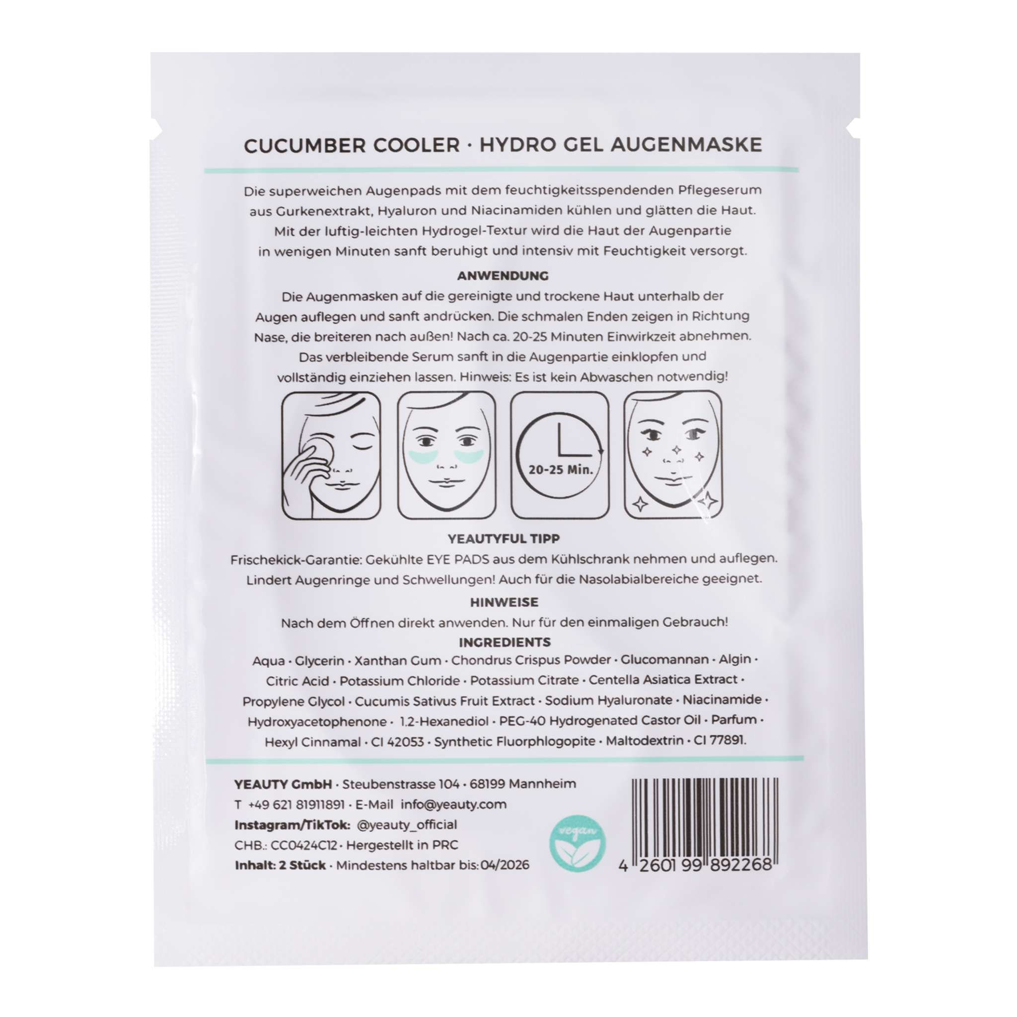 Rückseite von  YEAUTY Eye Pad Mask Cucumber Cooler