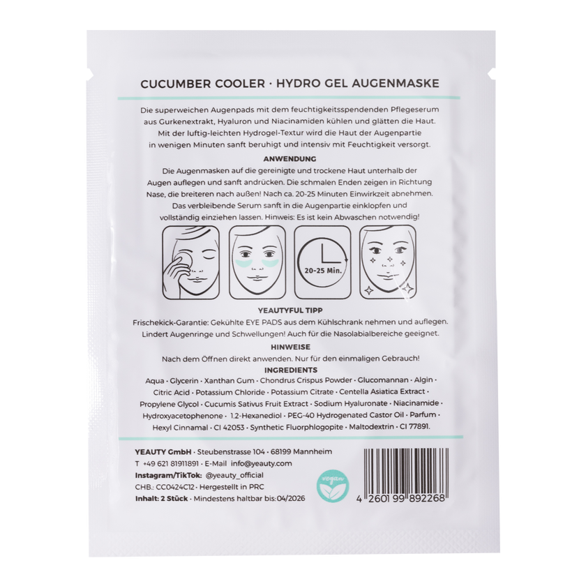 Rückseite von  YEAUTY Eye Pad Mask Cucumber Cooler