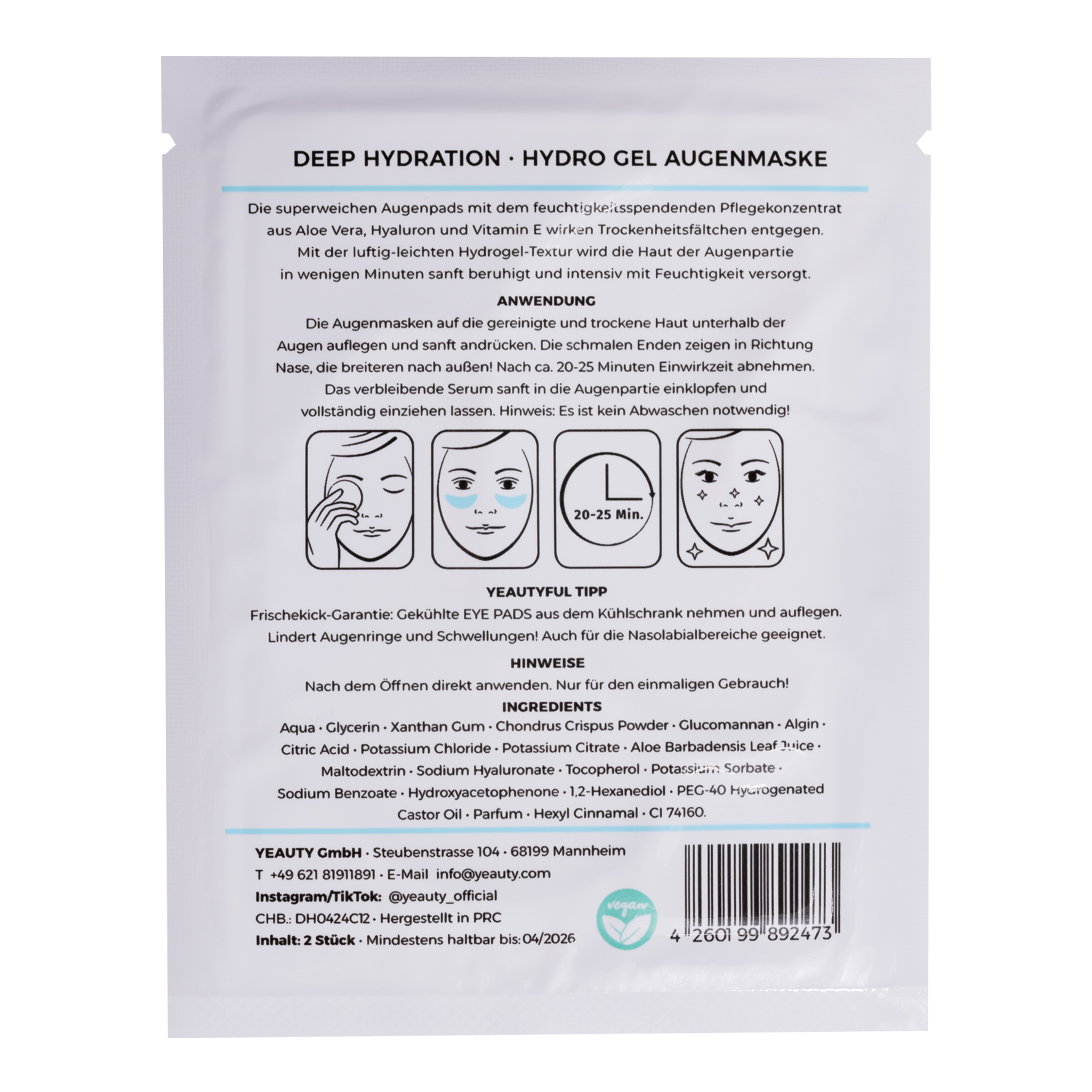 Rückseite von YEAUTY Eye Pad Mask Deep Hydration