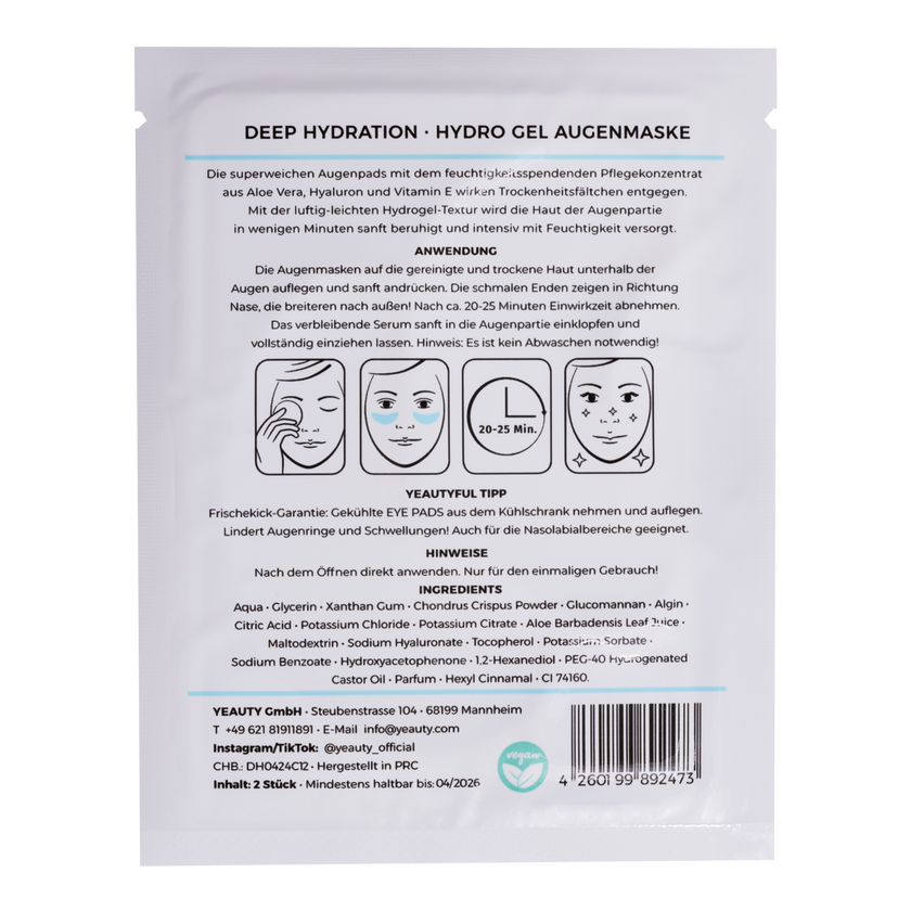 Rückseite von YEAUTY Eye Pad Mask Deep Hydration