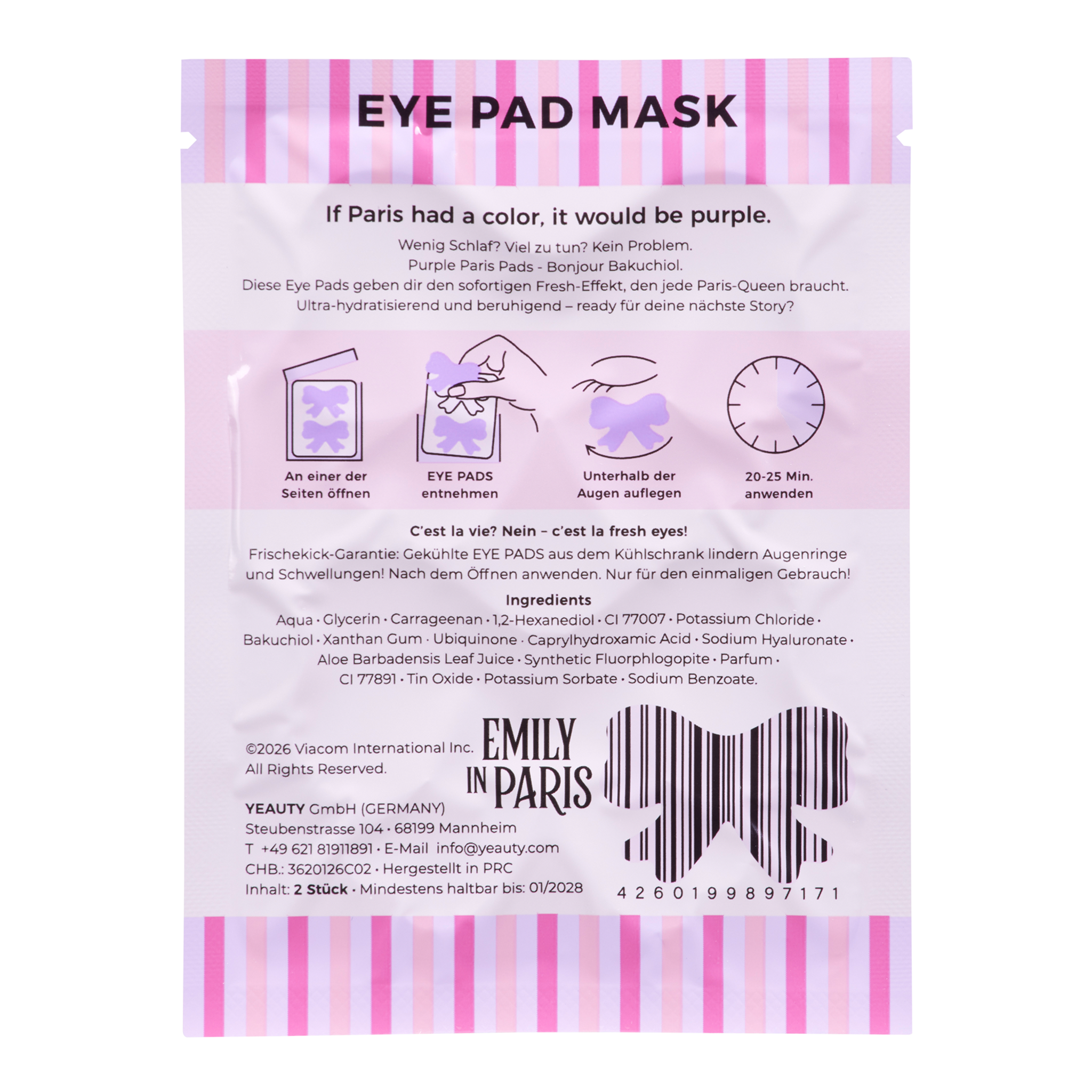Rückseite von YEAUTY Emily in Paris Eye Pad Mask Bakuchiol Bow