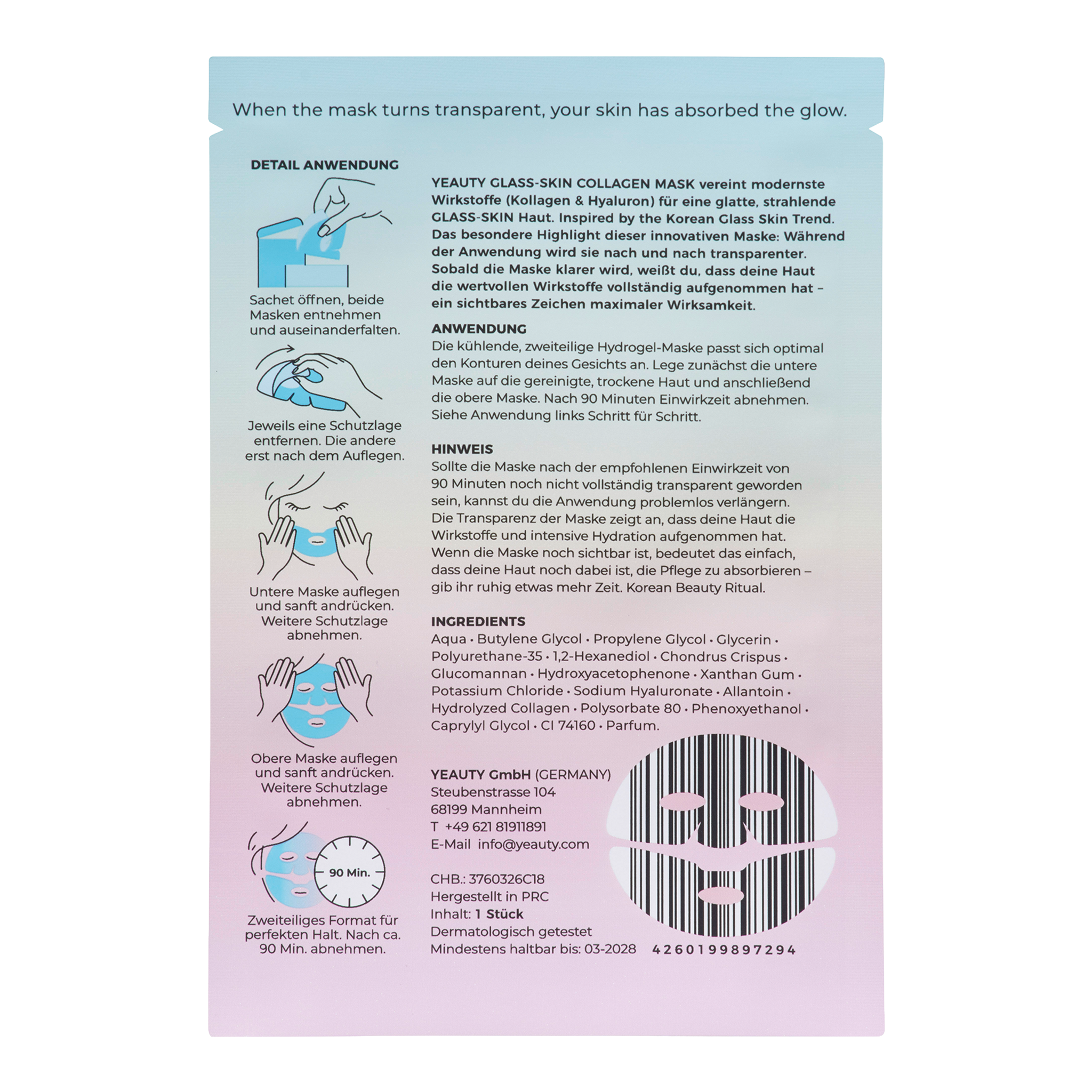 Rückseite von YEAUTY Hydrogel Gesichtsmaske Kollagen & Hyaluron Glass Skin Effekt