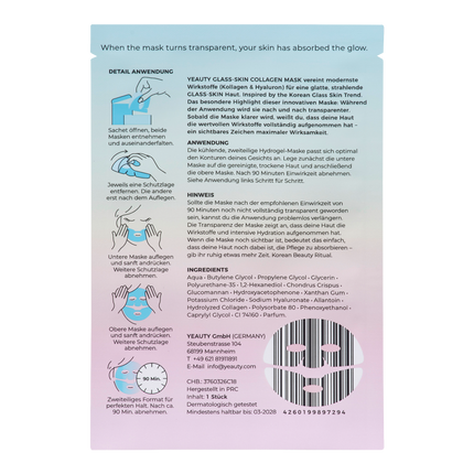 Rückseite von YEAUTY Hydrogel Gesichtsmaske Kollagen & Hyaluron Glass Skin Effekt