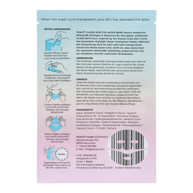 Rückseite von YEAUTY Hydrogel Gesichtsmaske Kollagen & Hyaluron Glass Skin Effekt